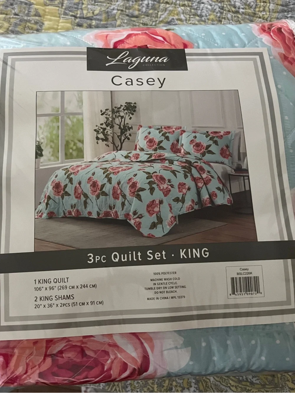 Laguna B Casey King Quilt Set - Pink Roses on Light Blue